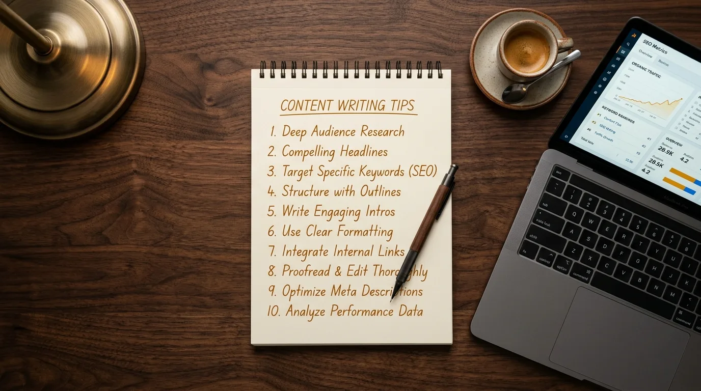 Notepad with numbered content writing tips next to a laptop showing SEO metrics