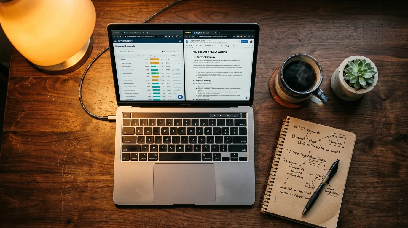 Laptop screen showing keyword research data alongside a blog post draft in progress