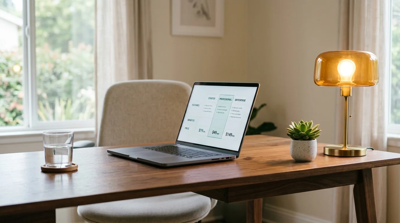 Dark editorial desk with open laptop showing a clean SEO pricing comparison document alongside an amber pen