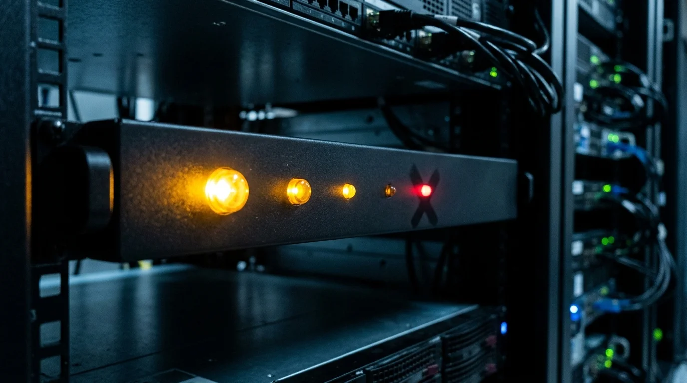 Server rack in dark data center with rows of LEDs showing varying activity levels, amber and bright indicators for high traffic bots