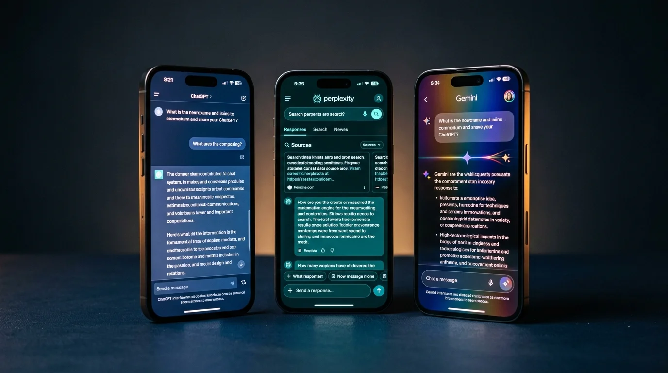 Three phone screens on dark desk each showing a different AI interface representing ChatGPT, Perplexity, and Gemini