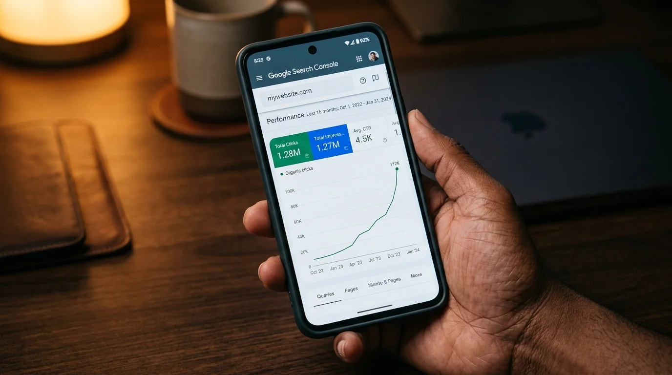 Phone showing Google Search Console performance chart with a flat period then clear upward inflection in organic clicks