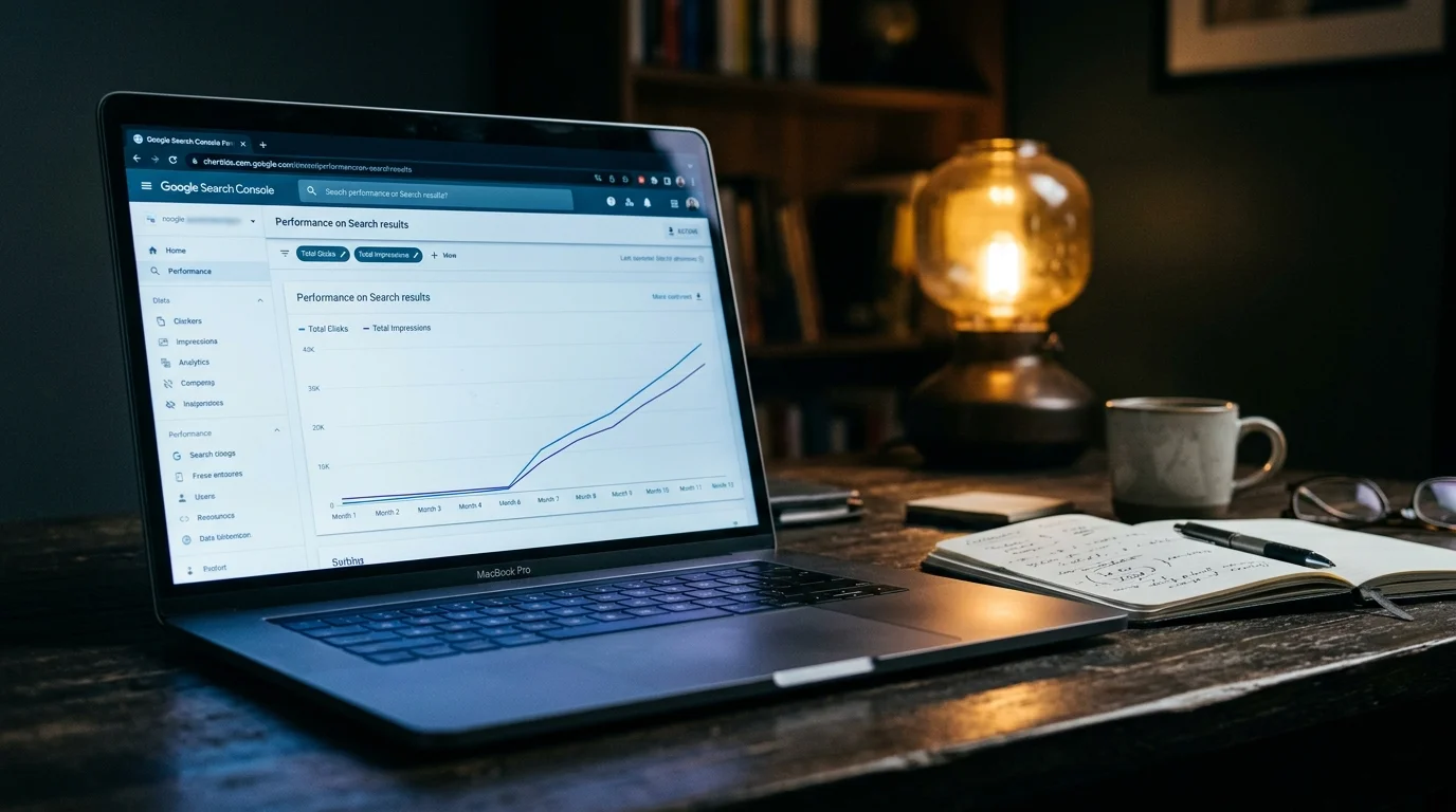 Laptop on dark desk showing organic traffic chart with visible inflection point at month six continuing upward