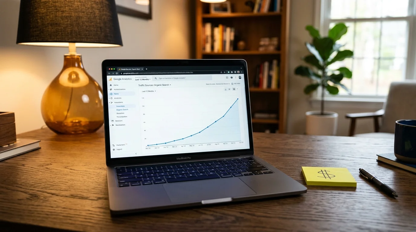 Laptop screen on dark editorial desk showing a cost versus results line graph for SEO investment
