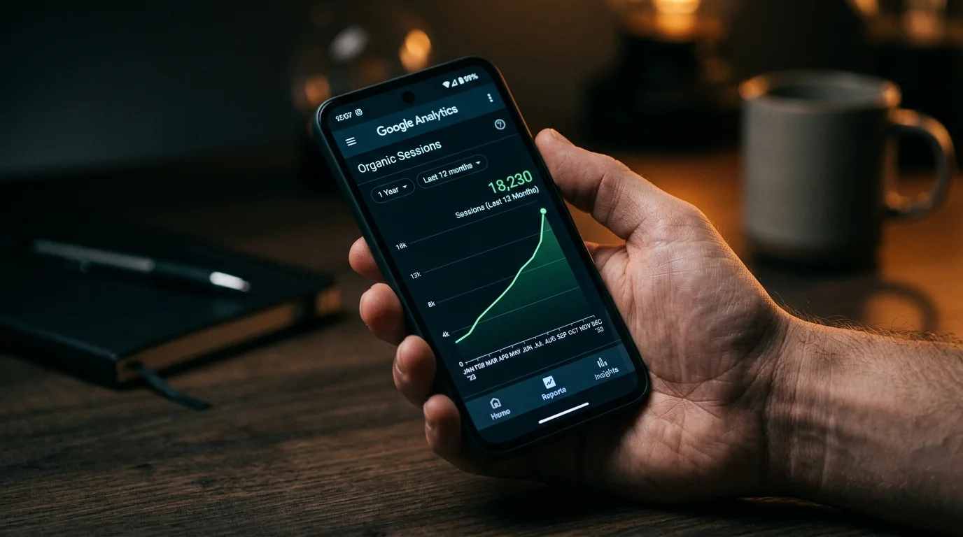 Hand holding smartphone showing Google Analytics organic sessions chart trending upward month over month