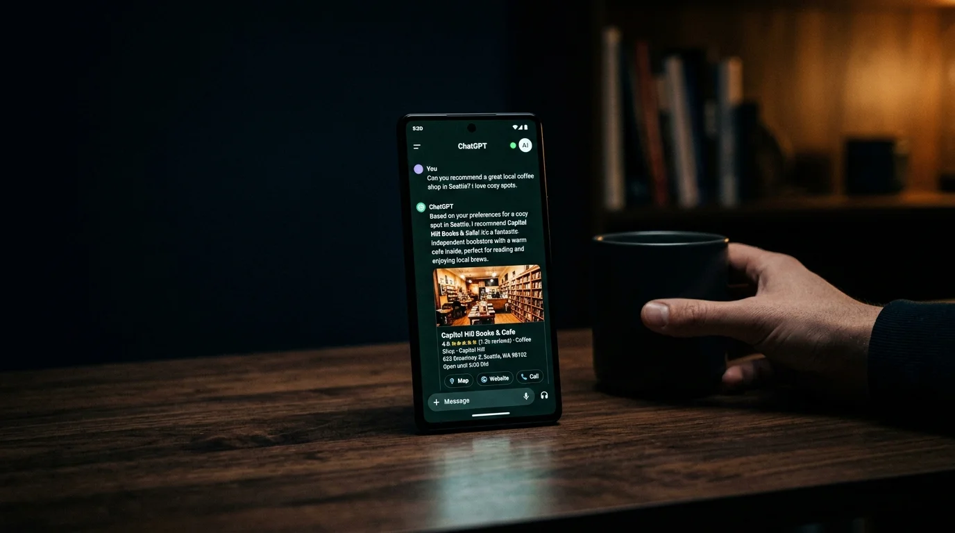 Phone screen showing ChatGPT interface with a local business recommendation in the response