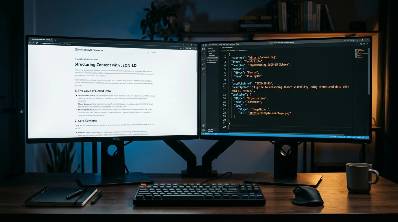 Two monitors on dark desk showing a structured webpage on the left and JSON-LD schema markup on the right
