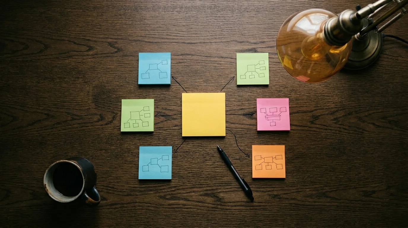 Bird's-eye view of desk with sticky notes and string connecting them showing pillar and cluster content relationships