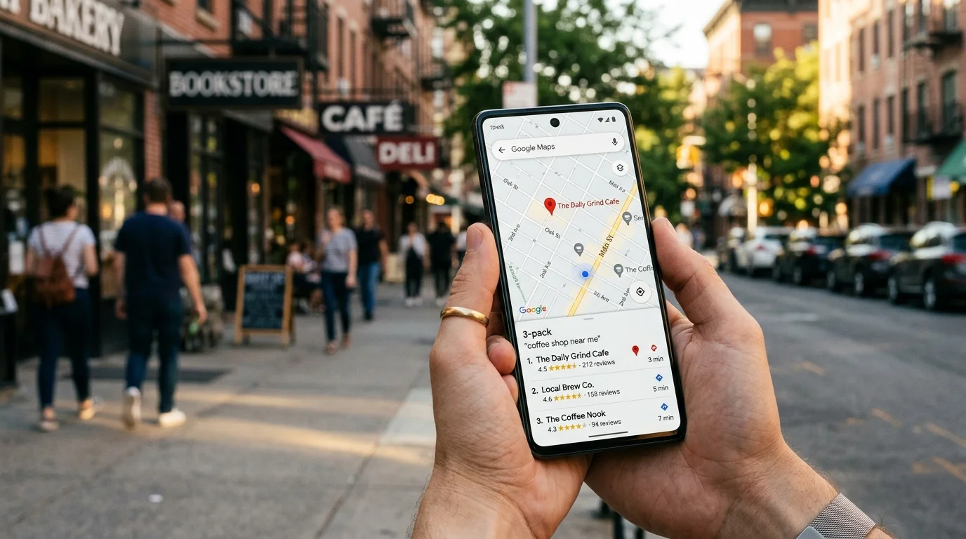Phone showing Google Maps local pack results for coffee shop near me with a small business pinned at the top