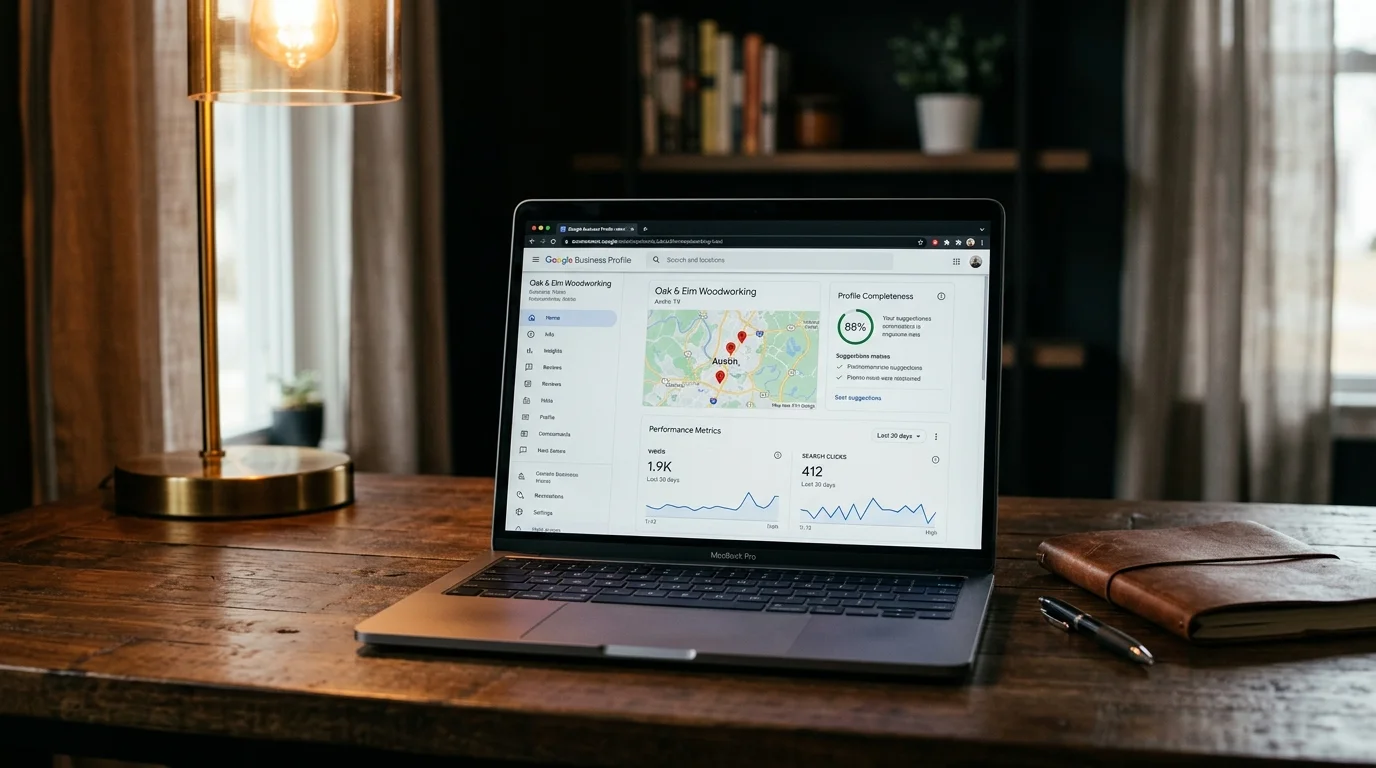 Laptop on dark desk showing the Google Business Profile dashboard with profile completeness indicators and amber desk lamp