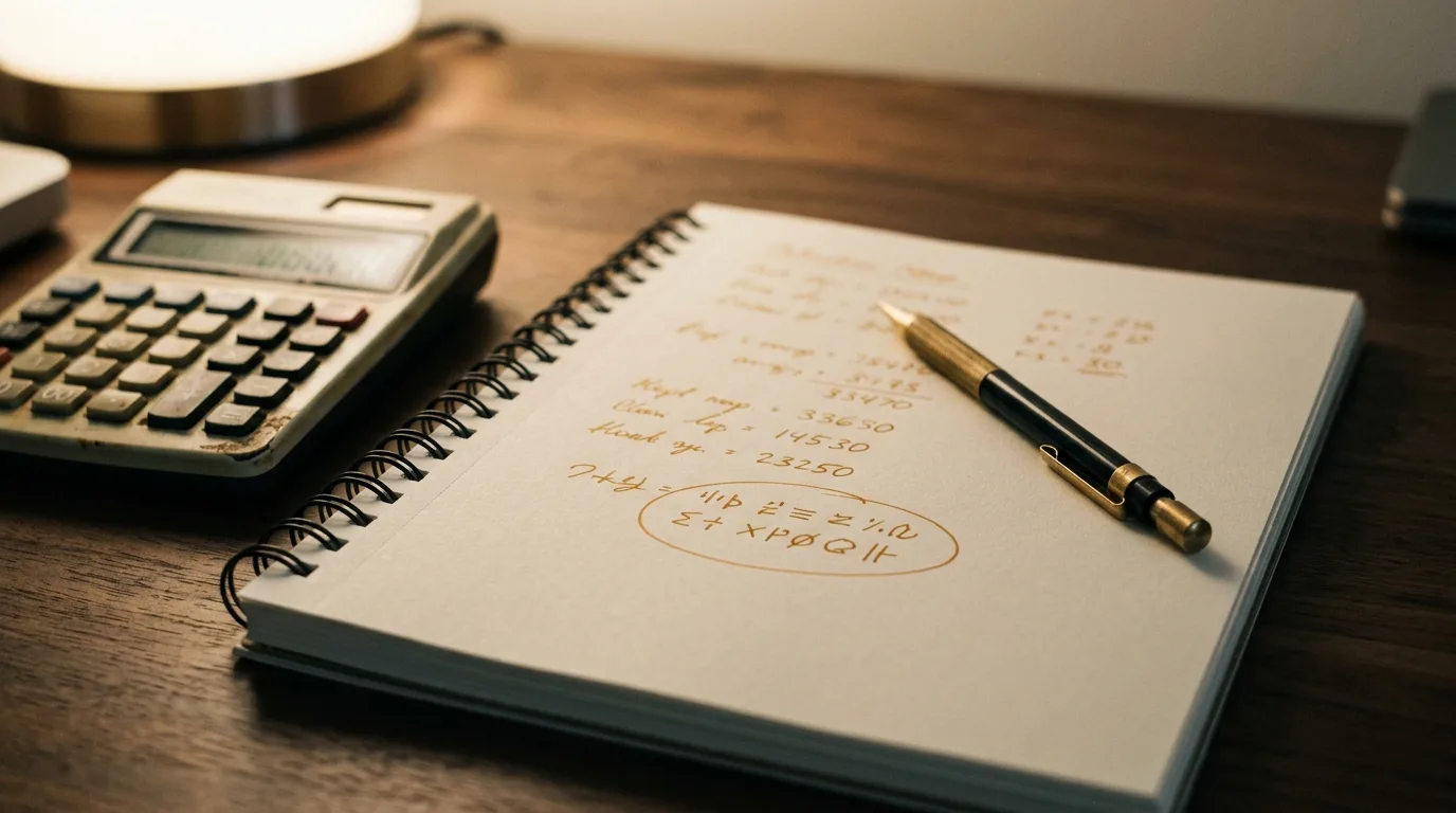 Business owner at desk calculating time cost of DIY blog writing versus outsourcing, with a calculator and notepad