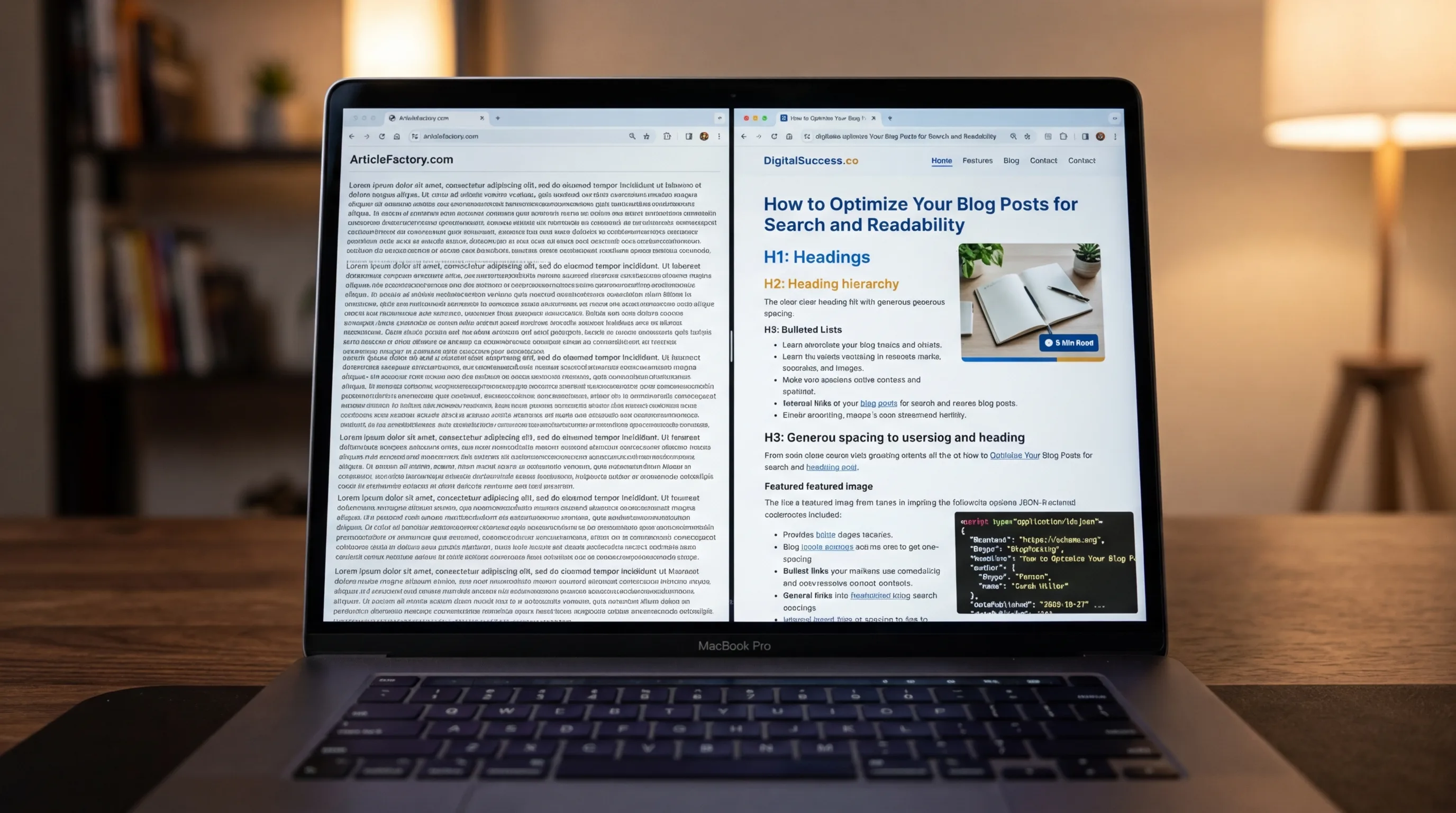 Business owner reviewing blog content quality on a laptop, comparing two different blog posts side by side