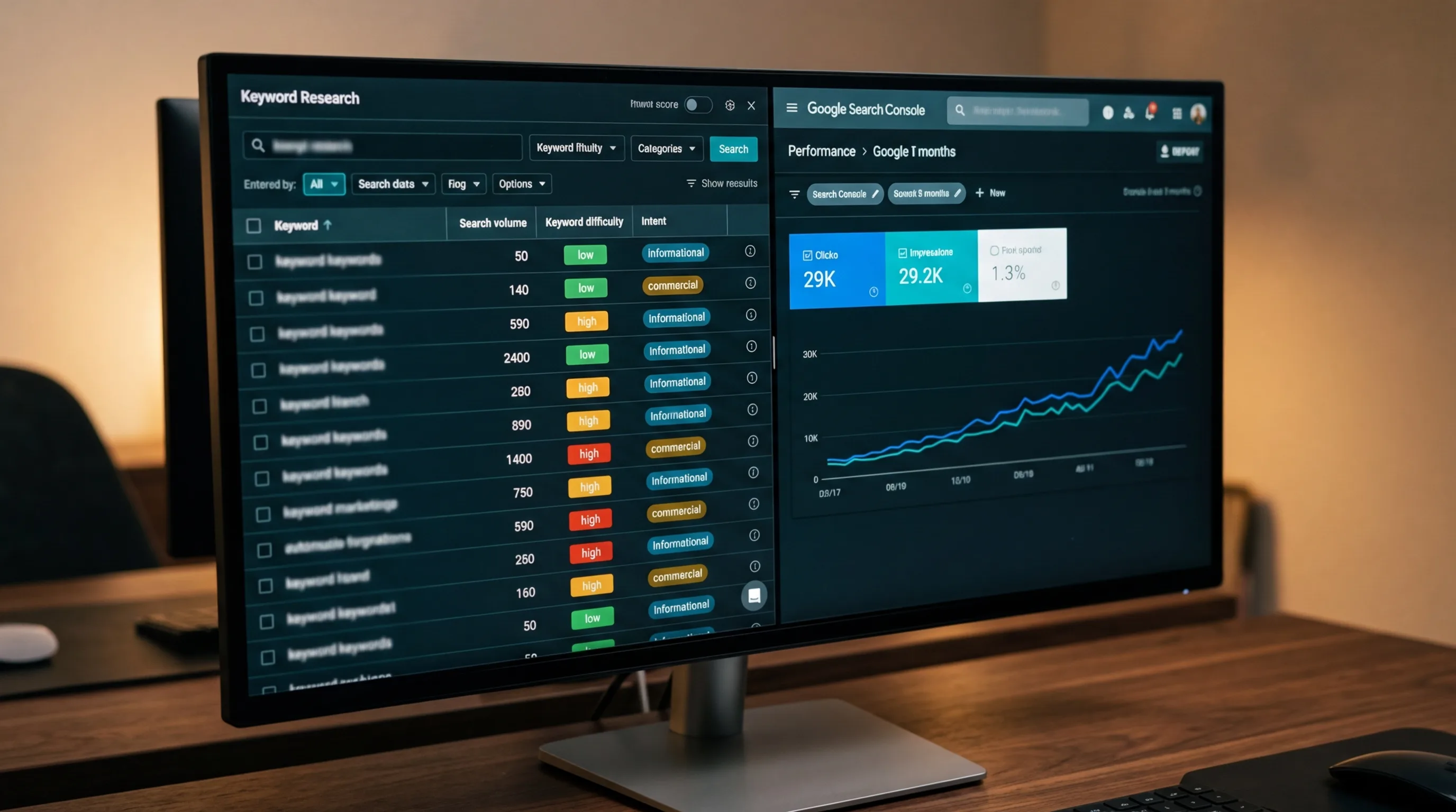 Desktop workspace showing multiple SEO tool dashboards open on a widescreen monitor with keyword data and content analysis