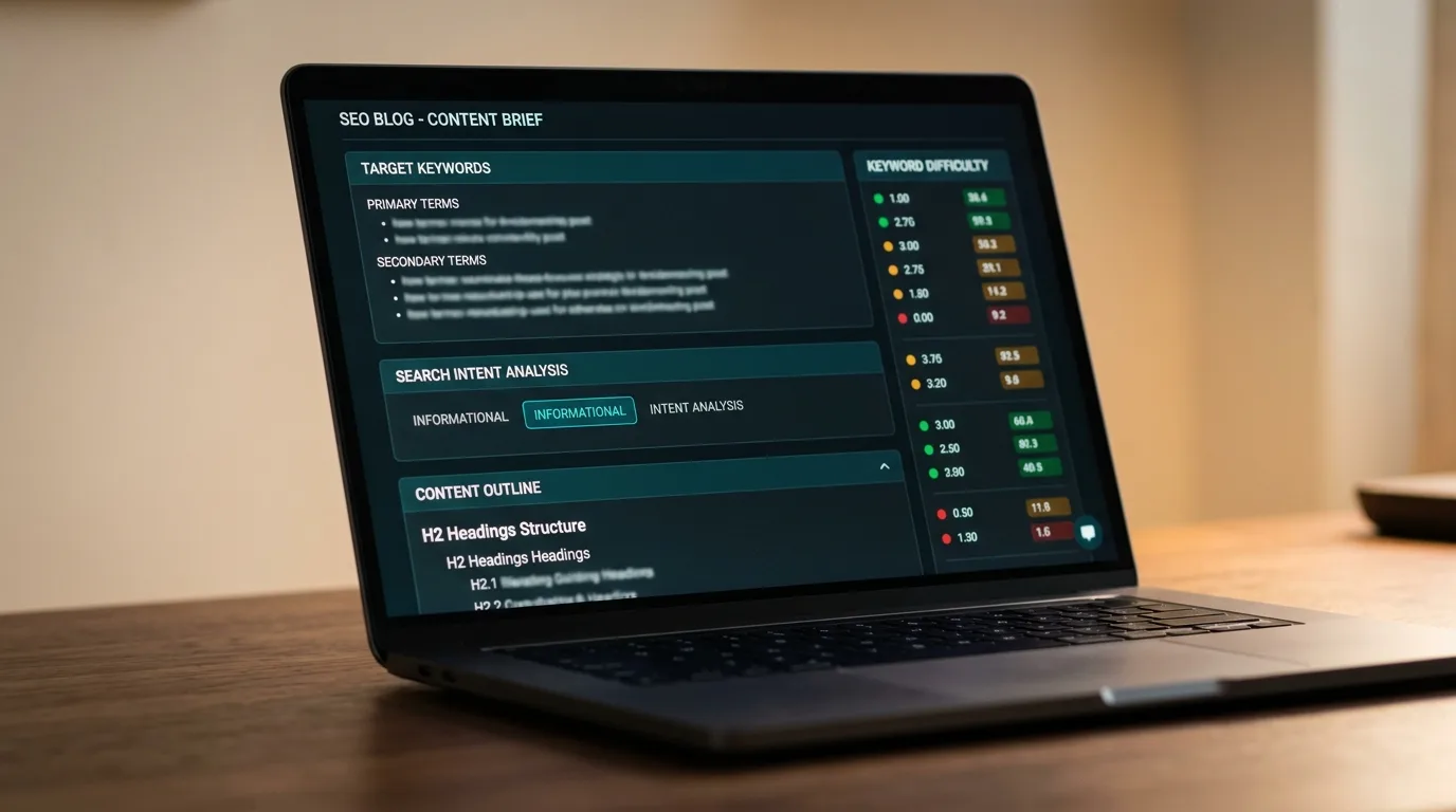 Content strategist workspace with keyword research data, content briefs, and SEO metrics on screen
