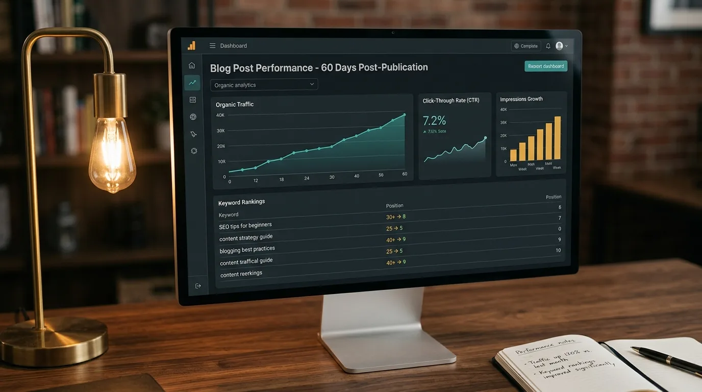 Dashboard showing blog post performance metrics over 60 days with keyword ranking improvements and traffic growth