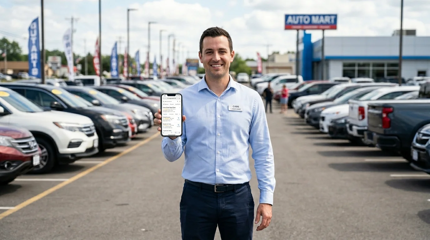 Salesperson at car lot holding phone showing used cars near me search results with dealership at the top