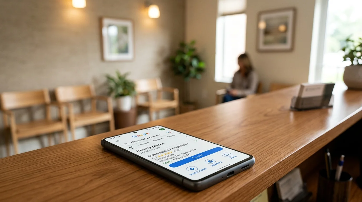 Phone showing chiropractor near me Google Maps results with a chiropractic practice in the local pack, waiting room in background