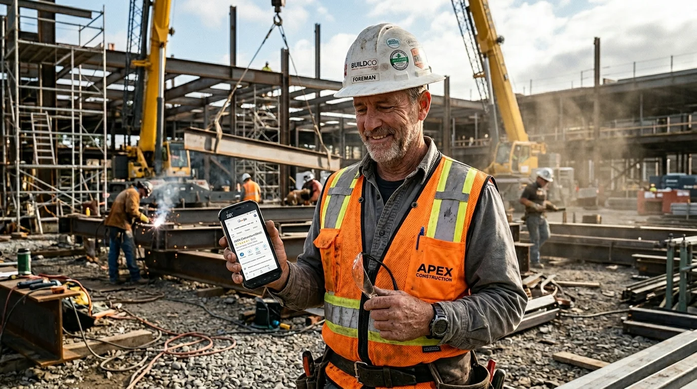 Construction worker in hard hat holding phone showing general contractor near me search results with their company at the top