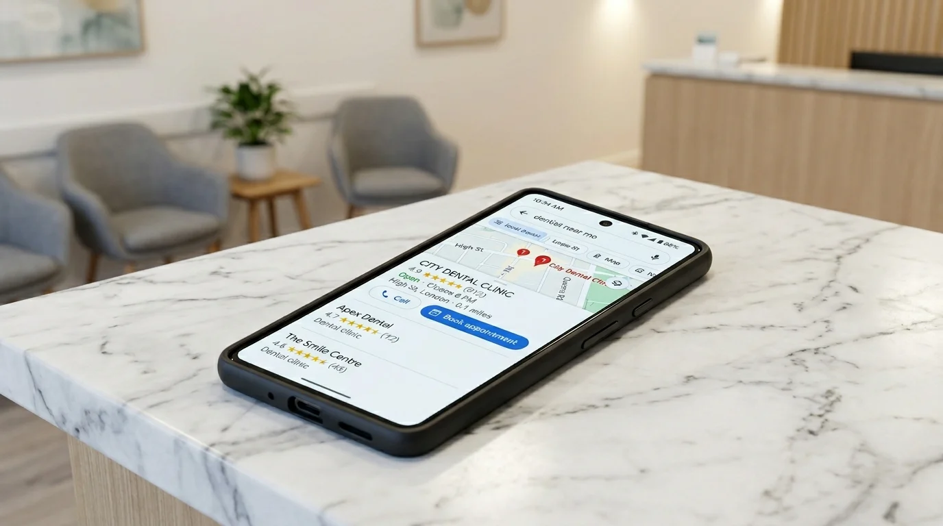 Phone screen showing dentist near me Google Maps results with a dental practice pinned at the top