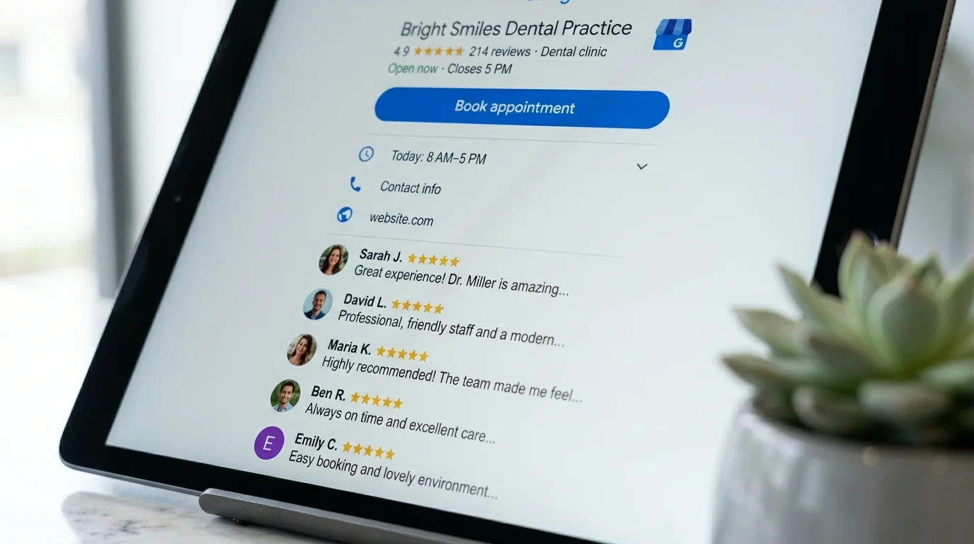 Google Business Profile for a dental practice showing Book Appointment button, star ratings, and patient reviews