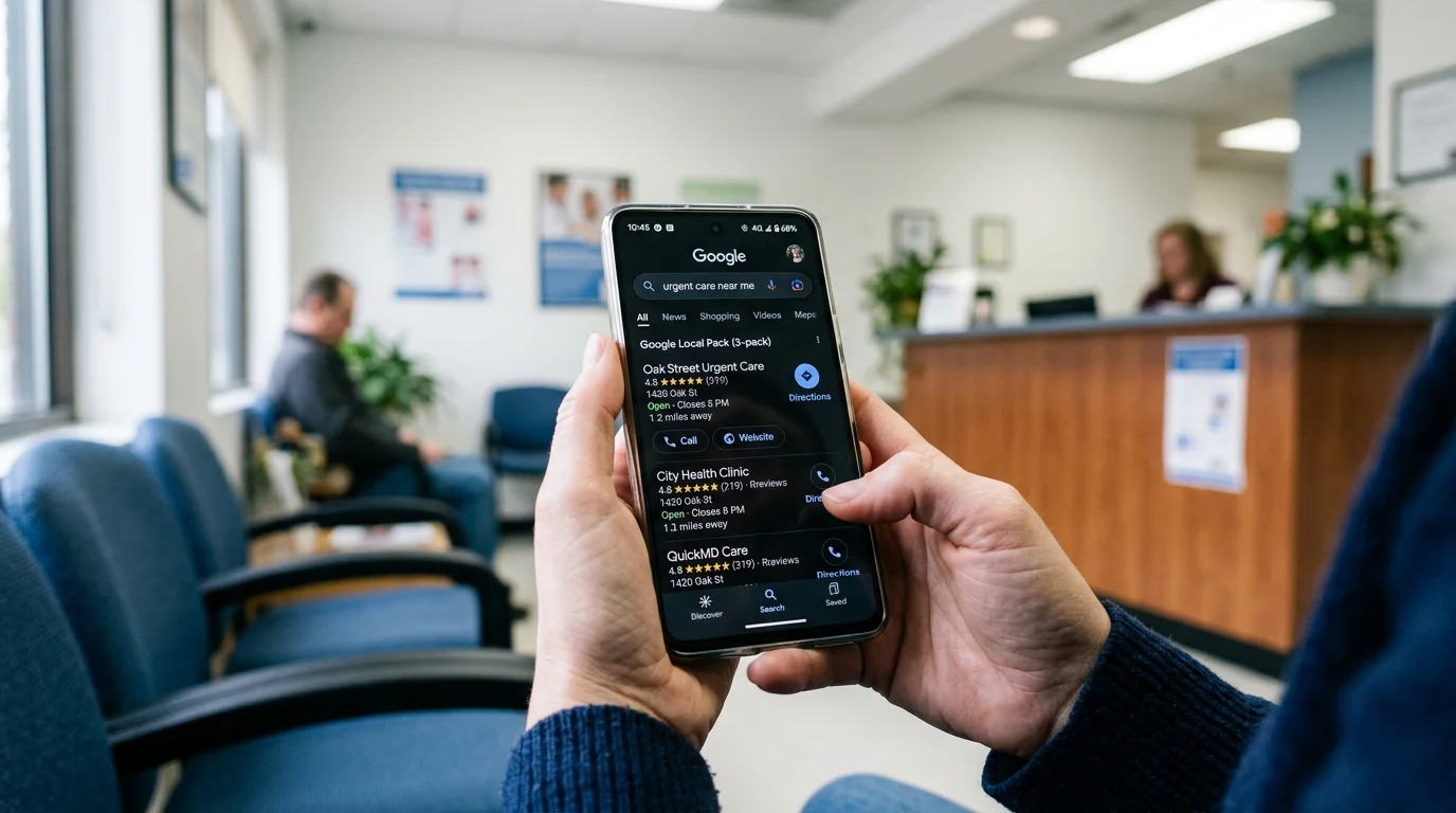 Patient holding phone showing a medical clinic at the top of Google Maps search results for urgent care near me