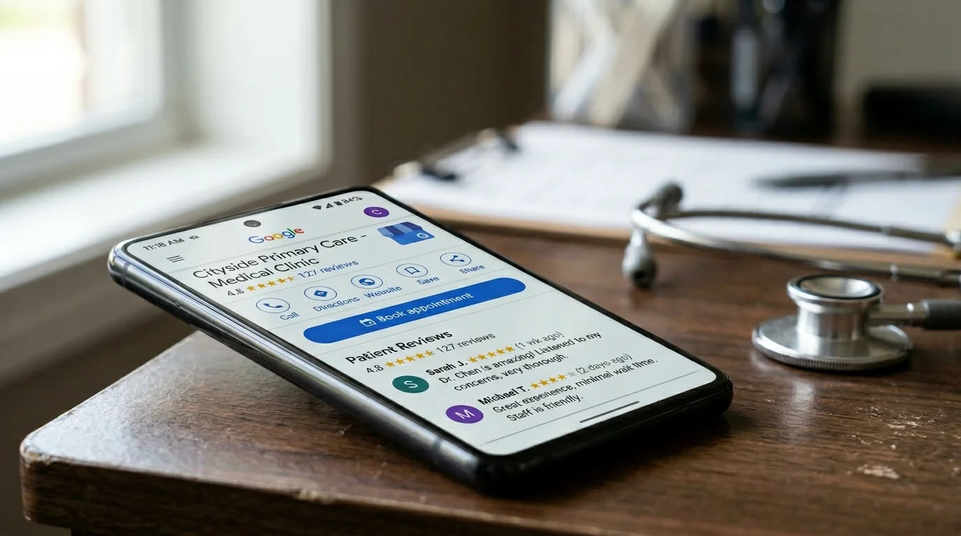 Google Business Profile listing for a medical practice showing star ratings, reviews, and appointment button