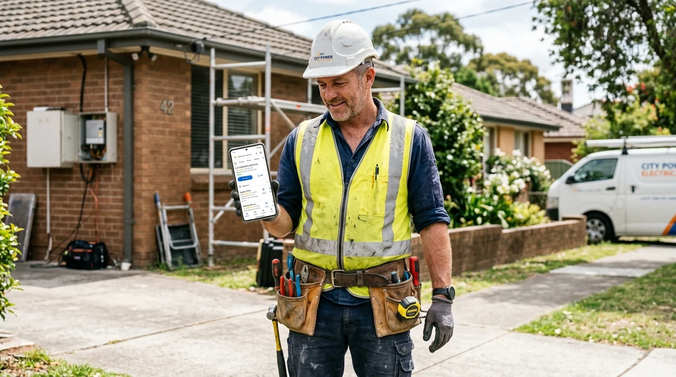 Electrician in work gear checking phone showing electrician near me local pack search results