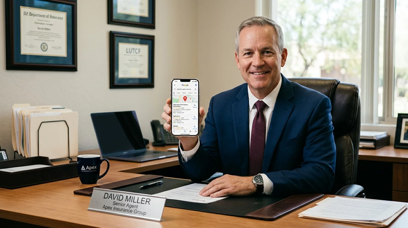 Insurance agent at desk holding phone showing insurance agent near me local search results