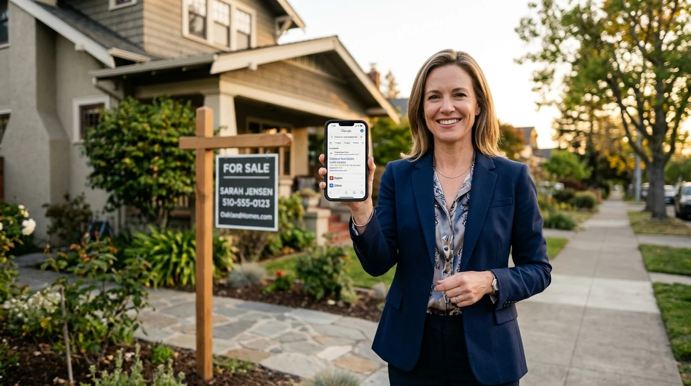 Real estate agent in blazer checking phone showing their listing at the top of homes for sale Oakland search results