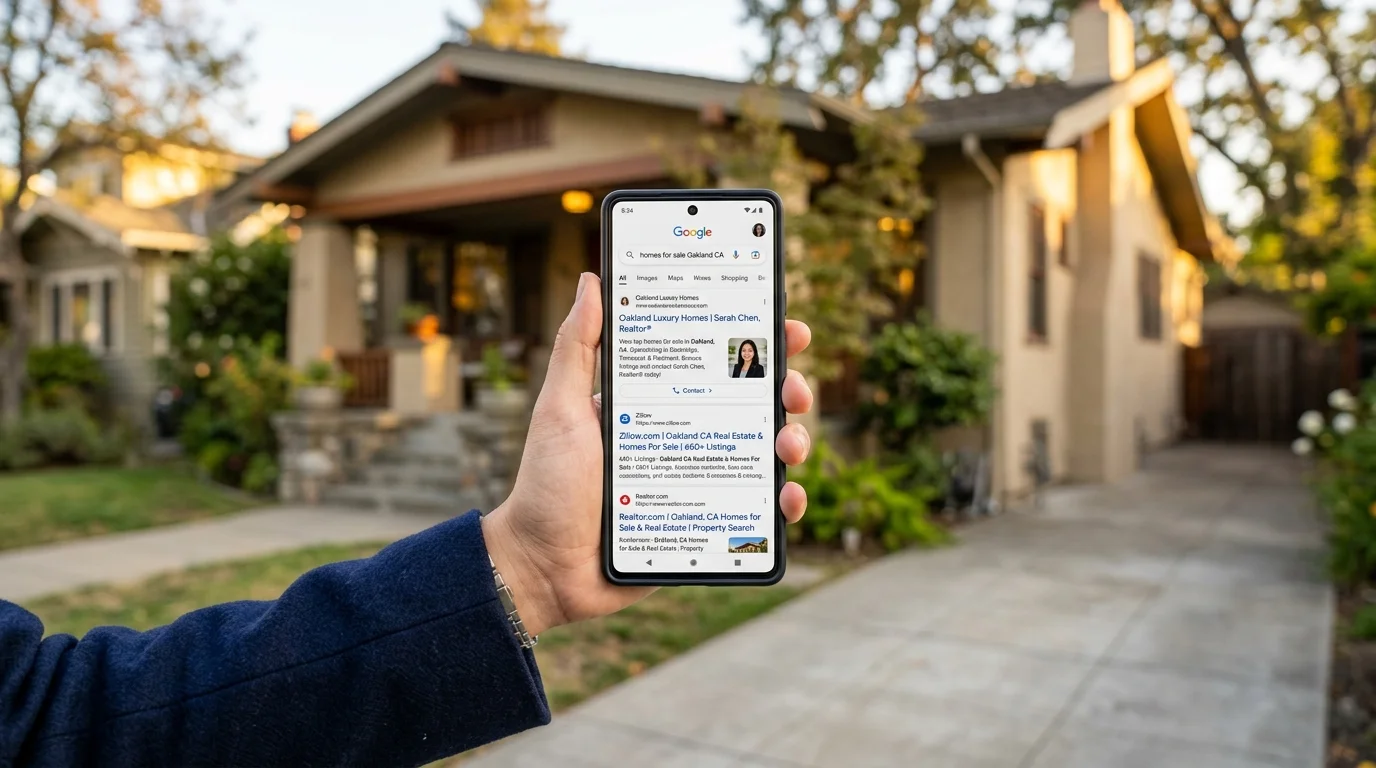 Phone screen showing a real estate agent's website appearing above Zillow in Google search results for homes for sale