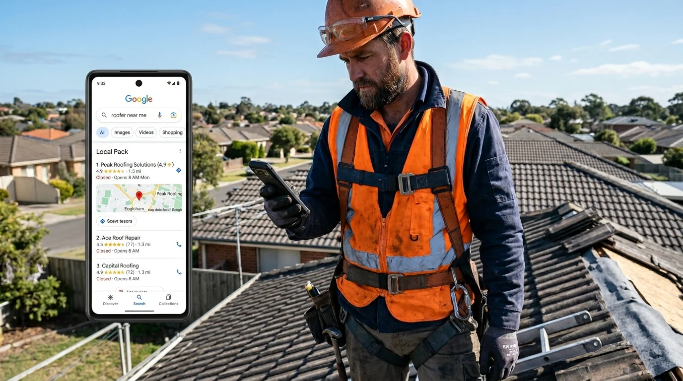 Roofer's gloved hand holding phone showing roofing company at top of roofer near me search results