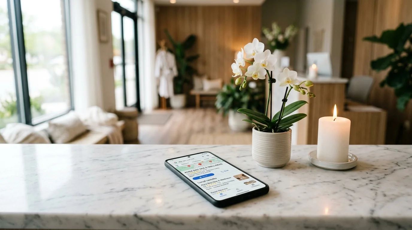Phone on spa marble counter showing day spa near me Google Maps results with a spa at the top