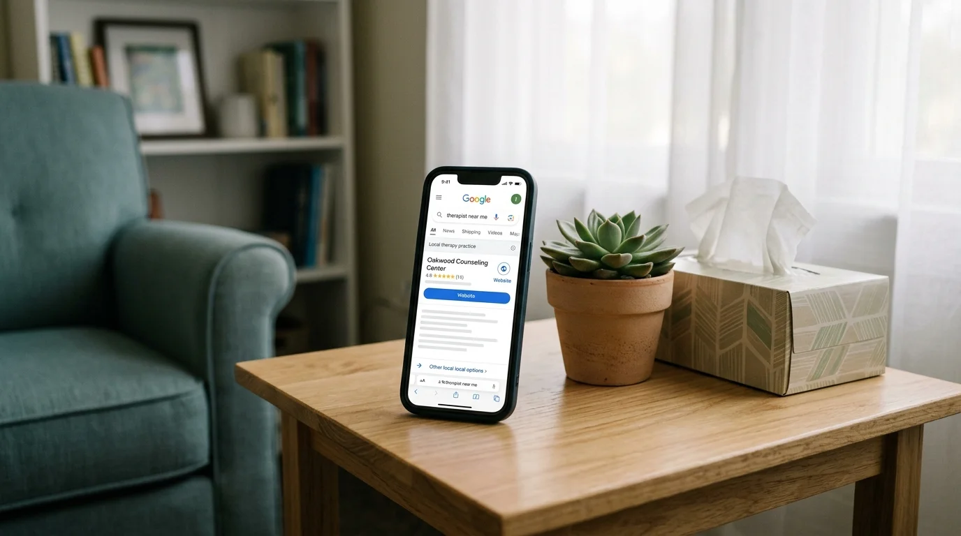 Phone on wooden desk showing therapist near me Google search results with a therapy practice at the top