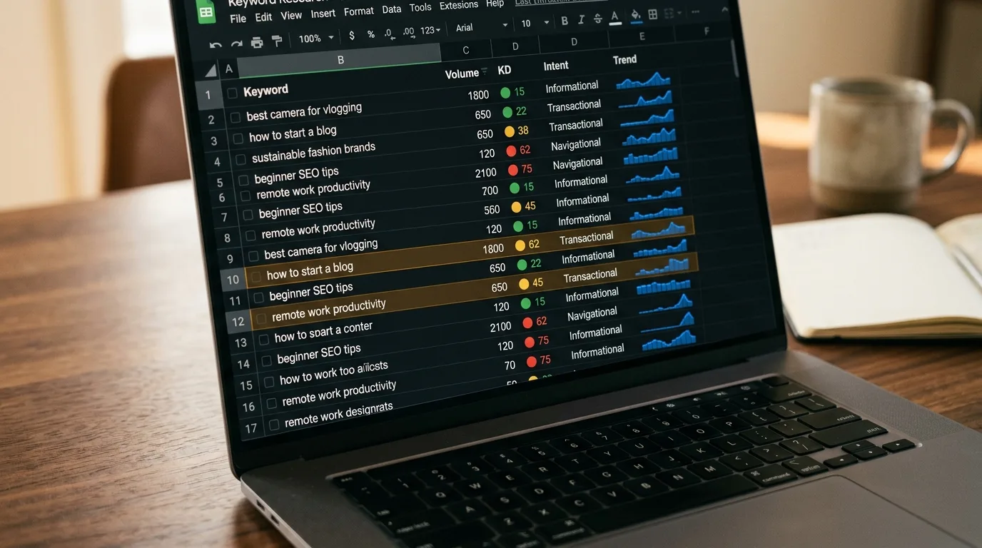 Laptop screen showing keyword research data alongside a blog post draft in progress