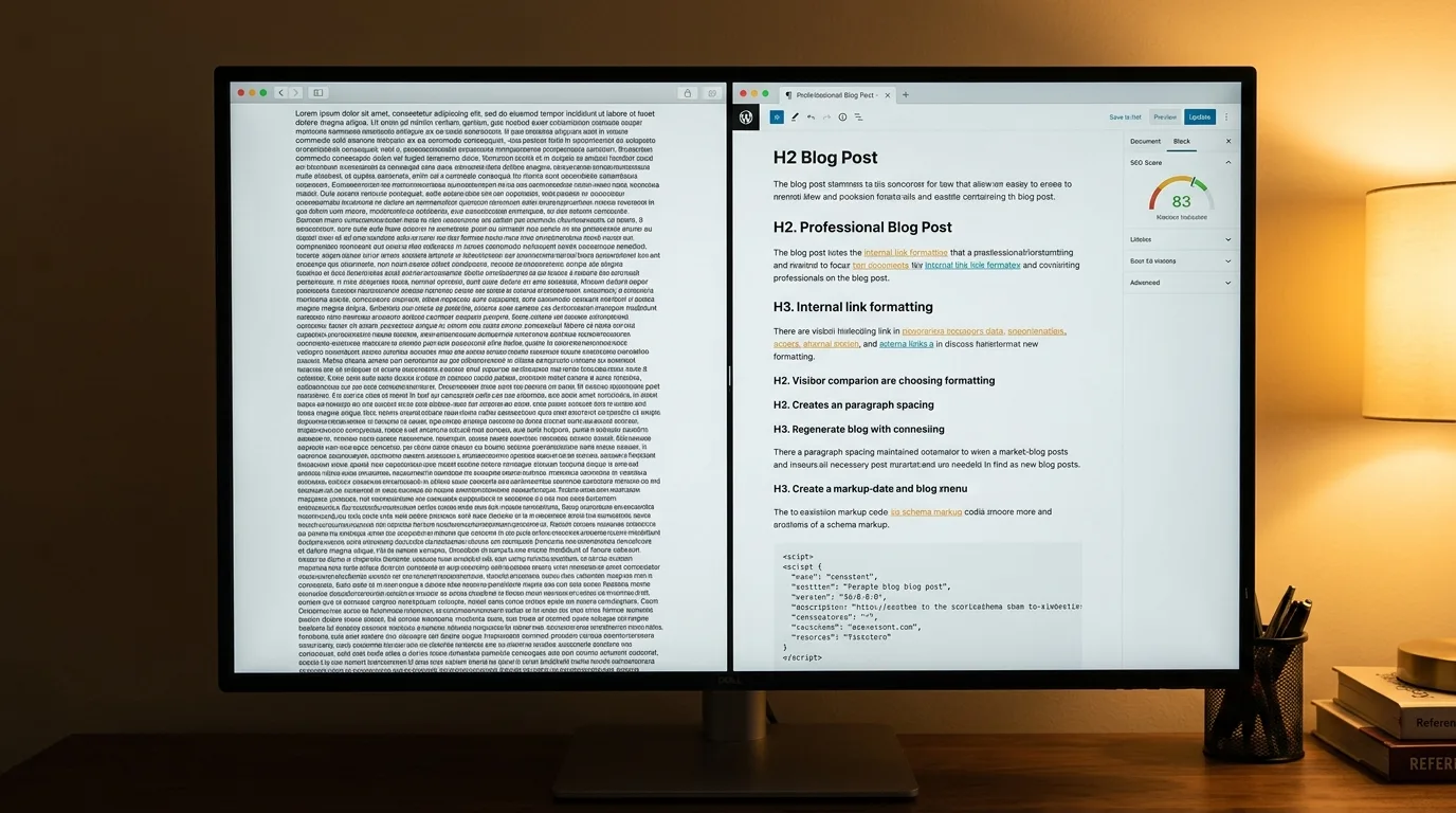 Side-by-side comparison of a blog post without SEO structure versus one with proper heading hierarchy, schema markup, and internal links