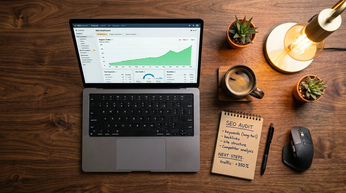 Laptop on dark editorial desk showing organic traffic growth chart trending upward, amber desk lamp in background