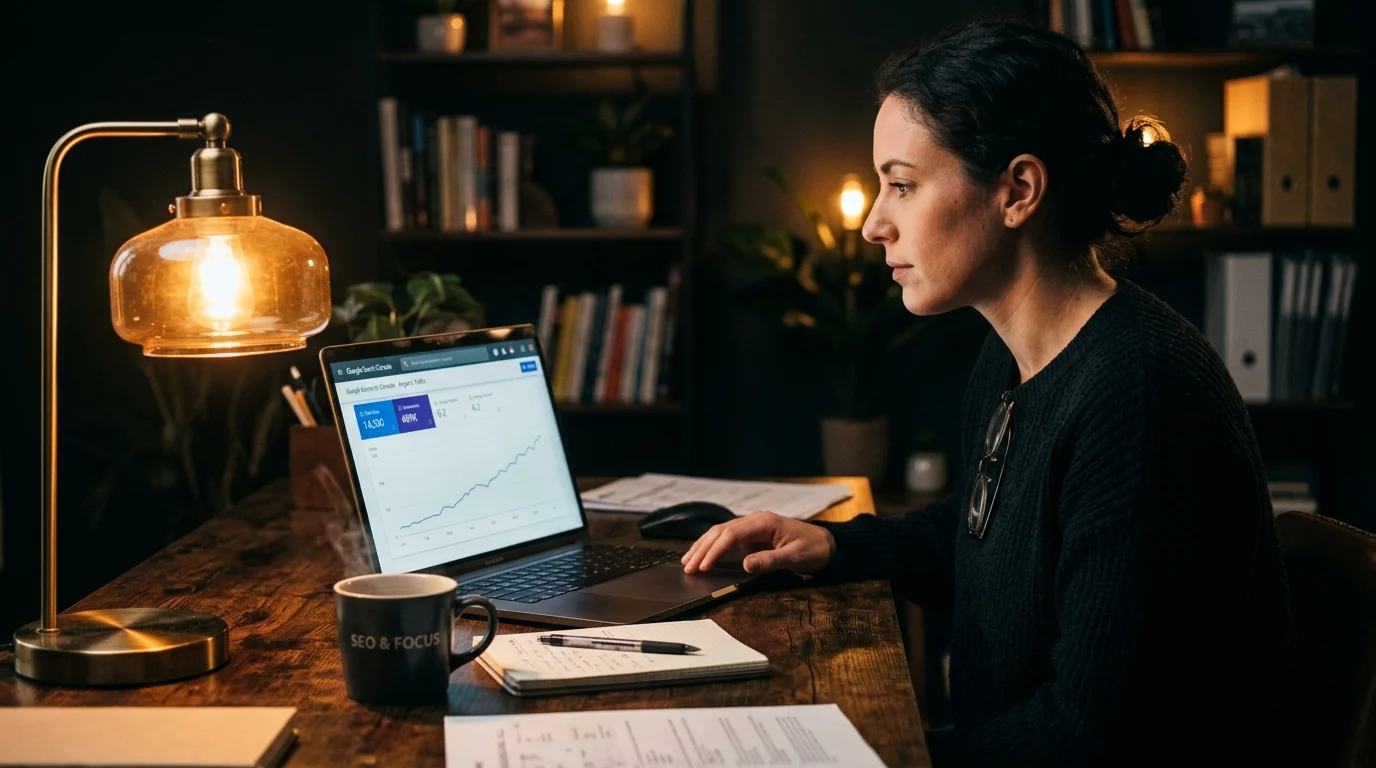 Business owner reviewing an SEO performance report on laptop at a dark editorial desk