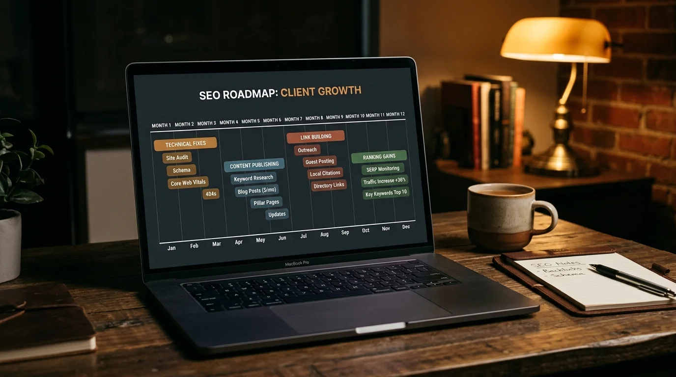 Laptop screen showing a month-by-month SEO growth timeline with labeled milestones from month 1 to 12