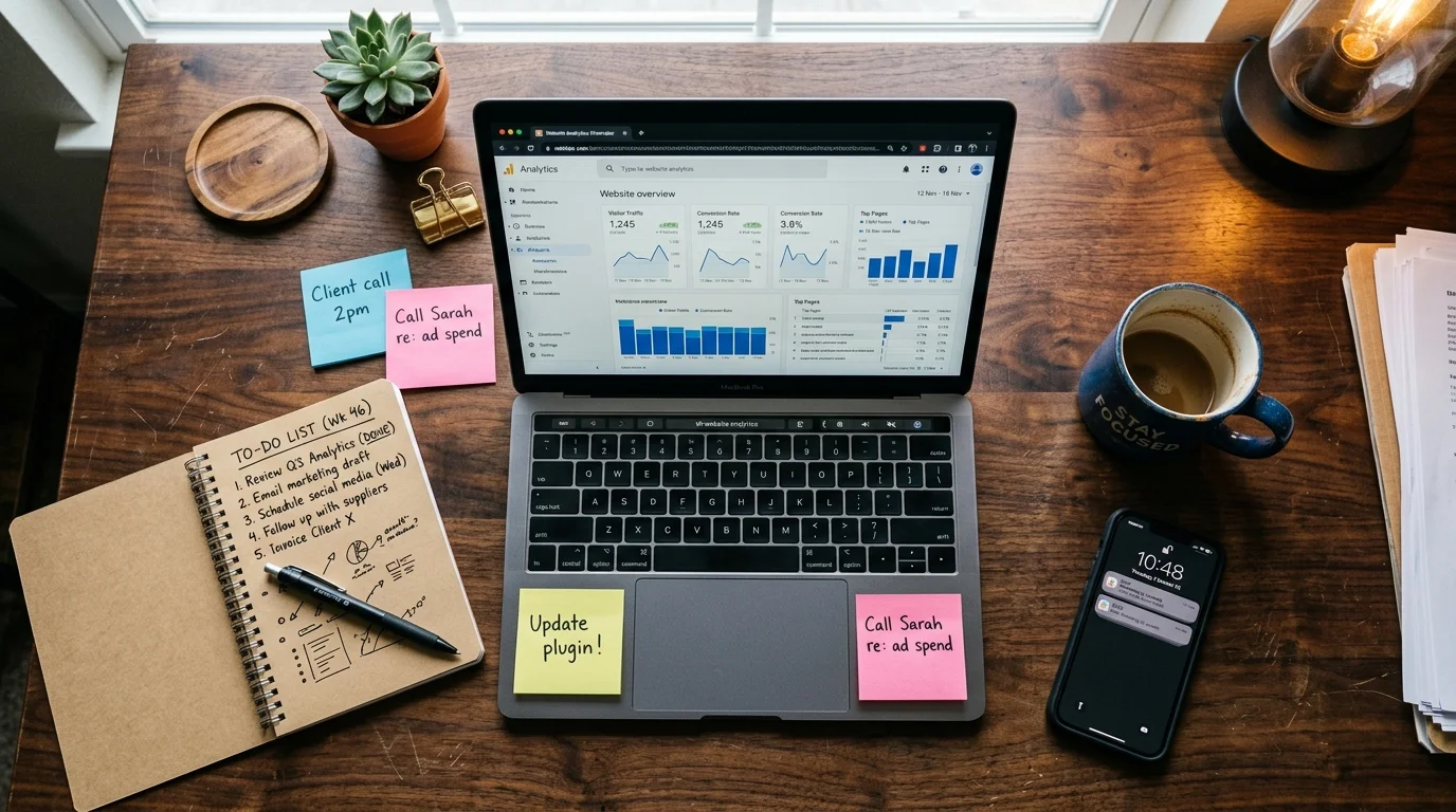 Overhead shot of dark editorial desk with laptop showing SEO dashboard, notebook, and coffee under warm amber lamp