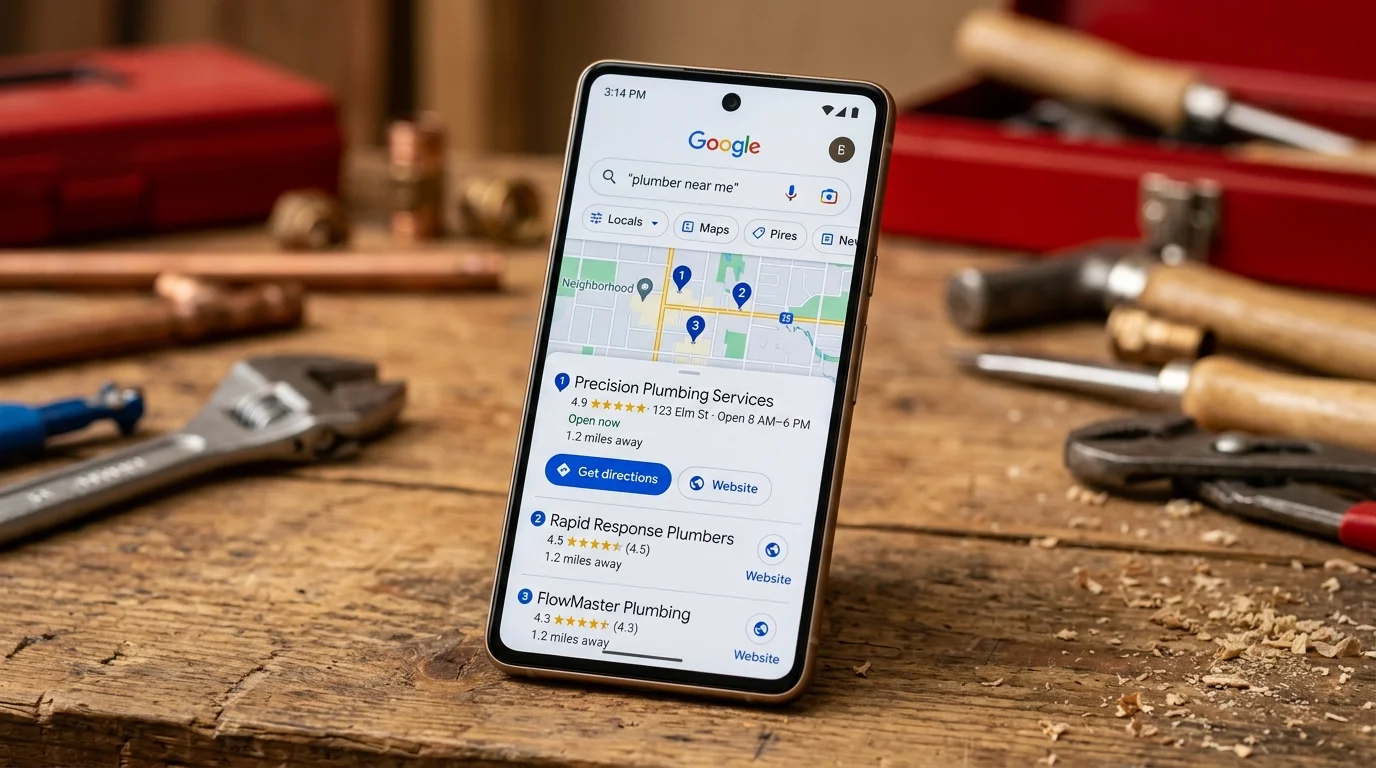 Phone screen showing a local business appearing in the Google Maps local pack results