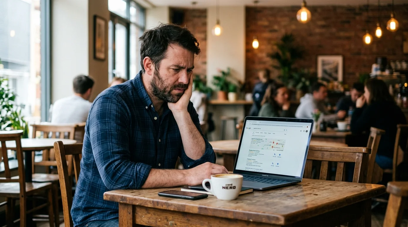 Business owner at laptop searching for their own website on Google, looking frustrated