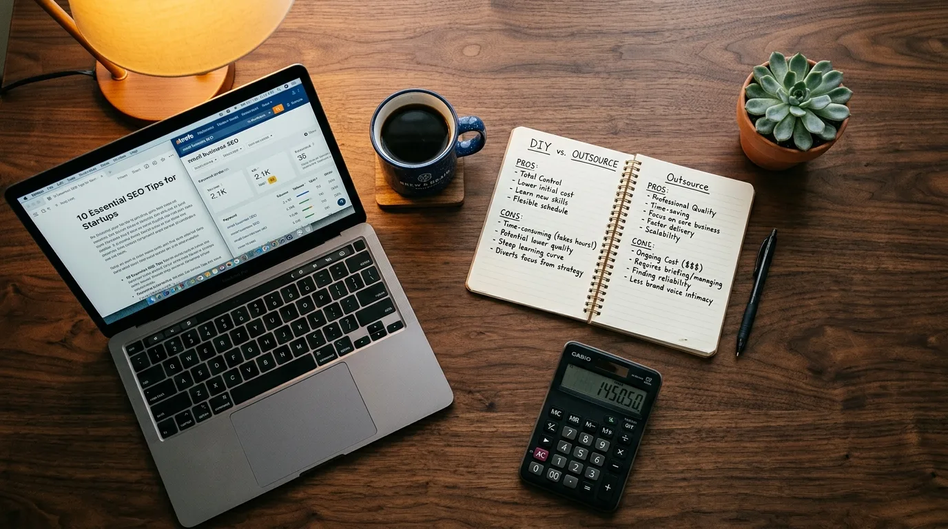Business owner at desk with calculator and notepad weighing the cost of DIY versus outsourced blog writing