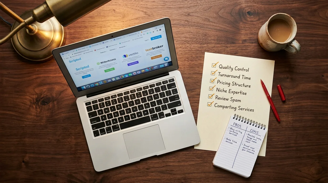 Business owner evaluating SEO blog writing services on a laptop with checklist and comparison notes