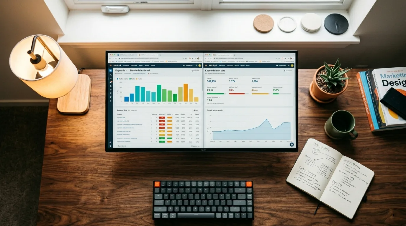 Desktop workspace showing SEO tool dashboards with keyword data and content analysis on a widescreen monitor