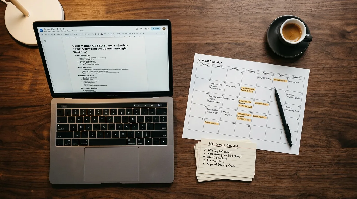 Content strategist workspace with keyword research data, content briefs, and SEO metrics displayed on screen