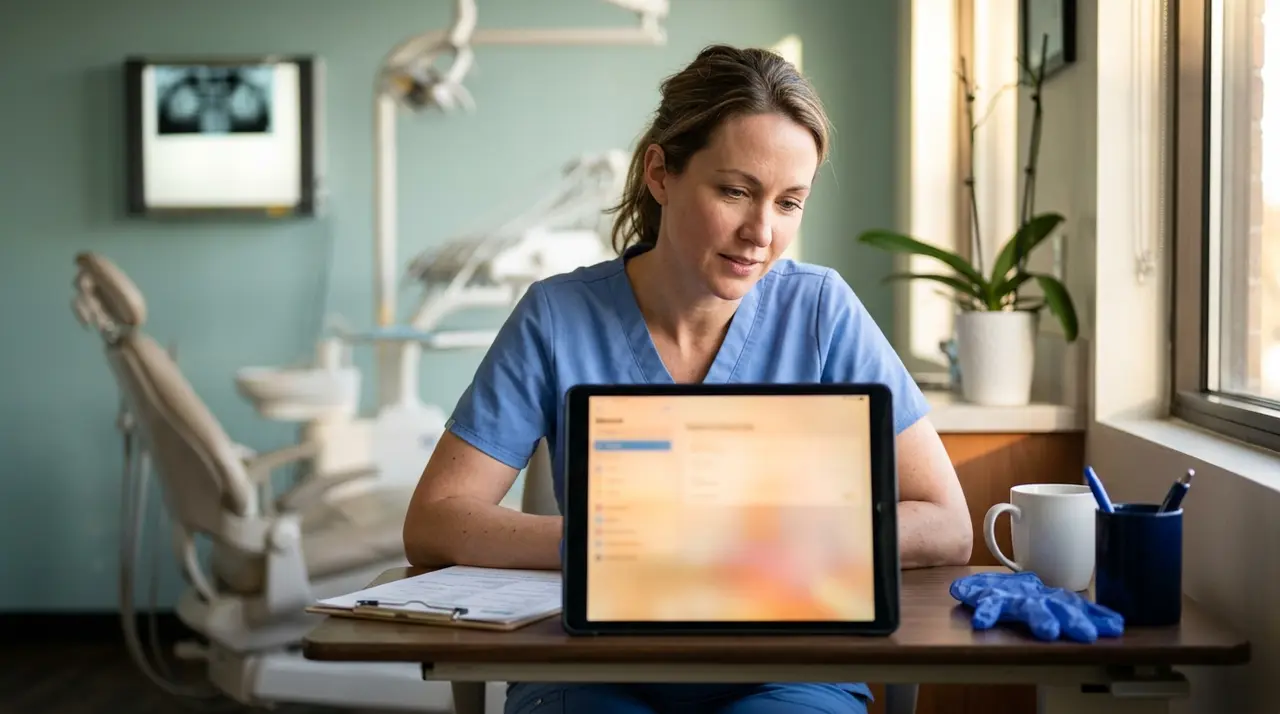 SEO for dentists - modern dental practice reception area with tablet showing online booking system