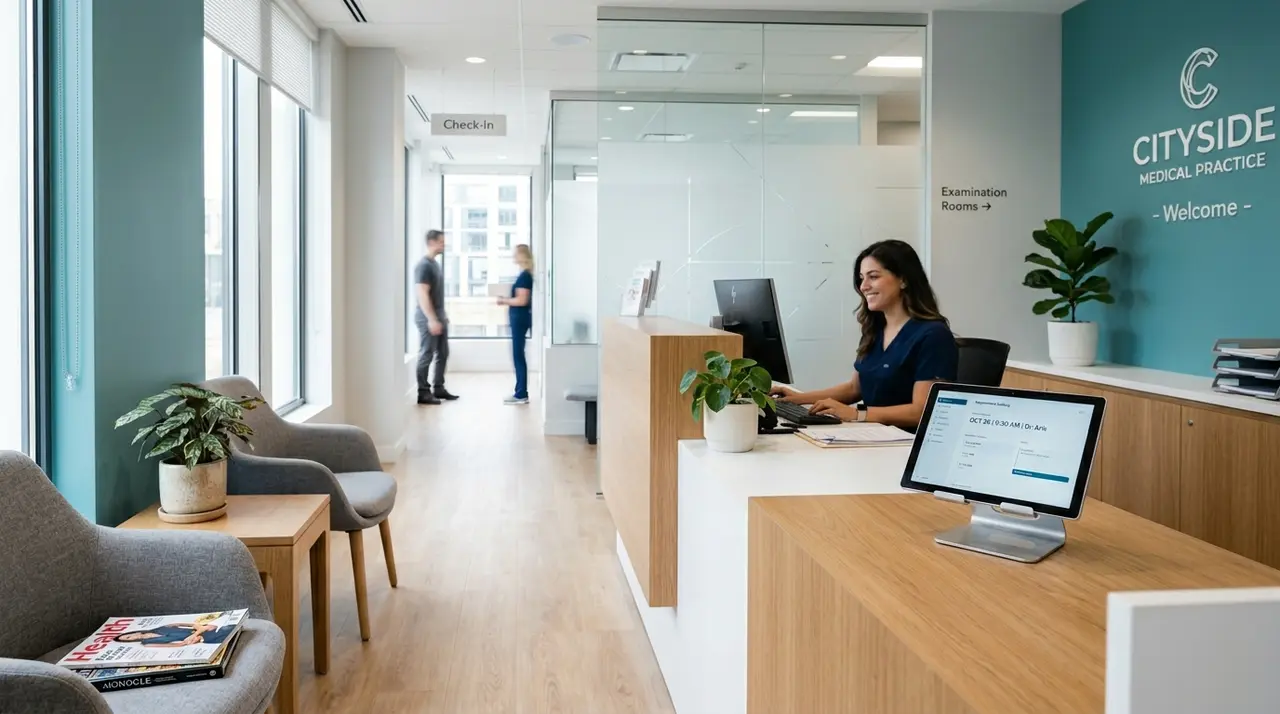 SEO for doctors - modern medical practice reception with tablet showing online appointment booking