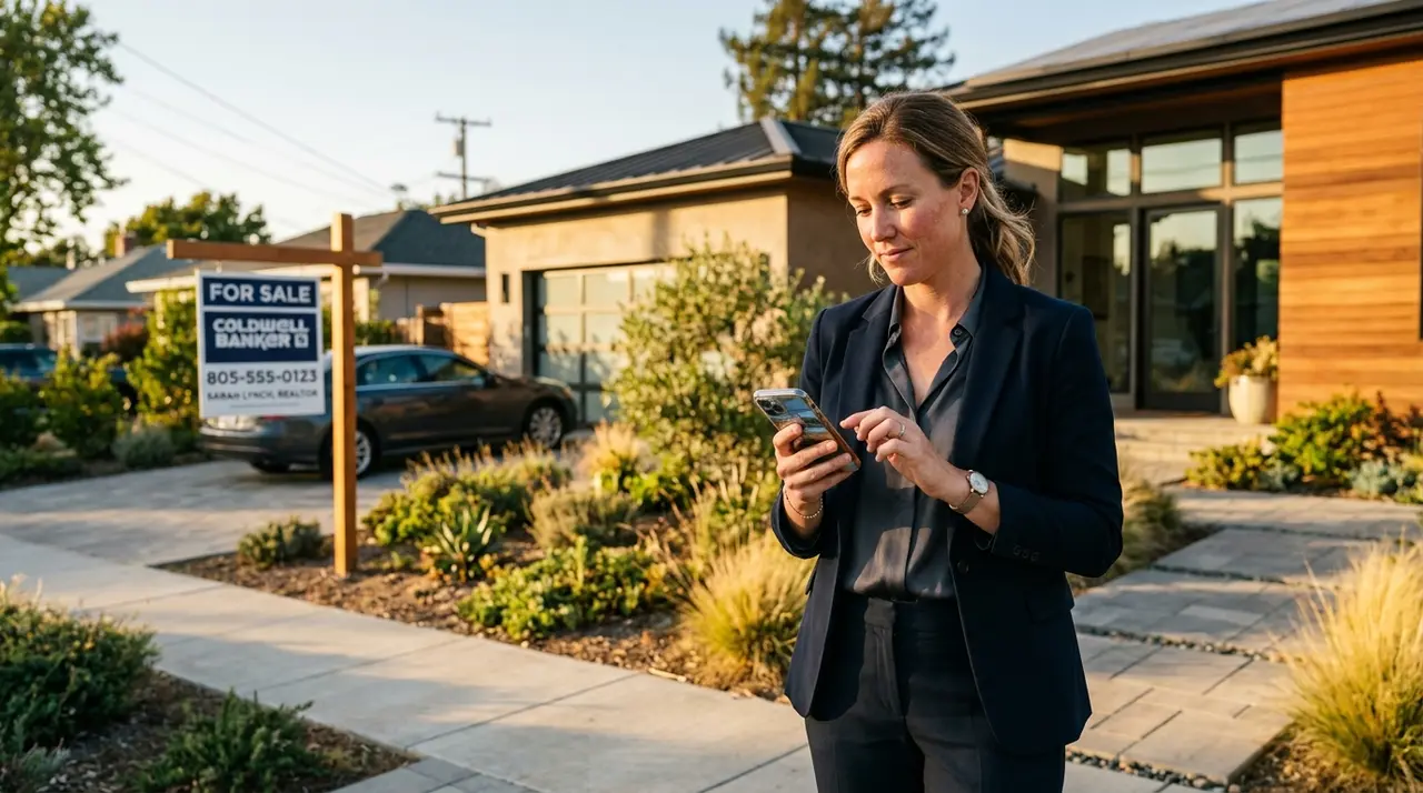 SEO for real estate agents - agent reviewing property listings on phone outside modern home at golden hour