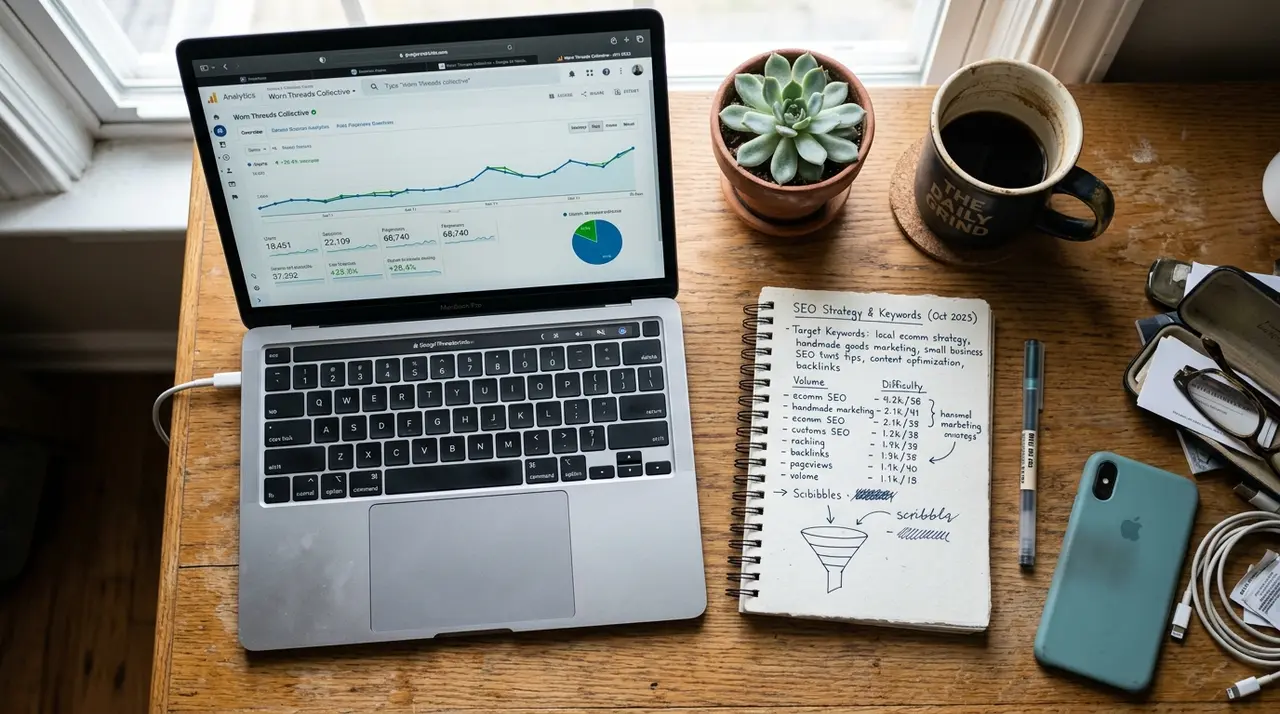 SEO services for small business - owner reviewing analytics dashboard on laptop at desk