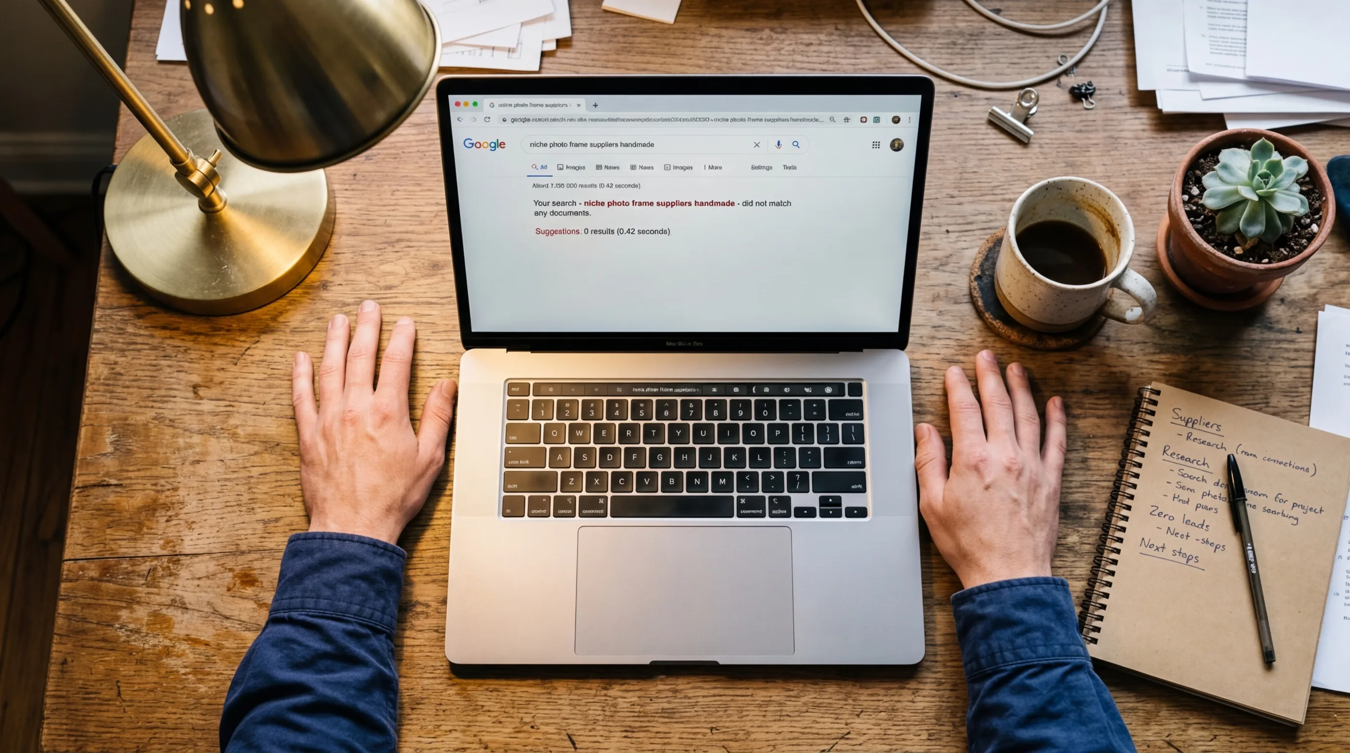 Overhead view of a business owner at a wooden desk with hands resting beside an open laptop showing Google search results with no matches
